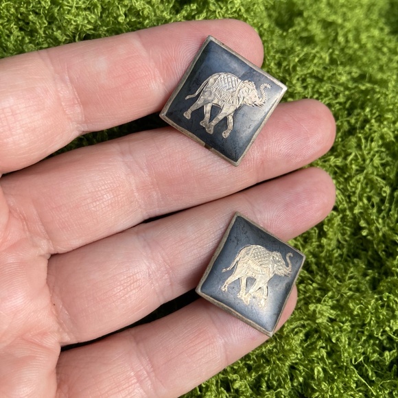 Vintage, Solid Sterling Silver, Siam Elephant Cufflinks | Nielloware - Picture 1 of 8